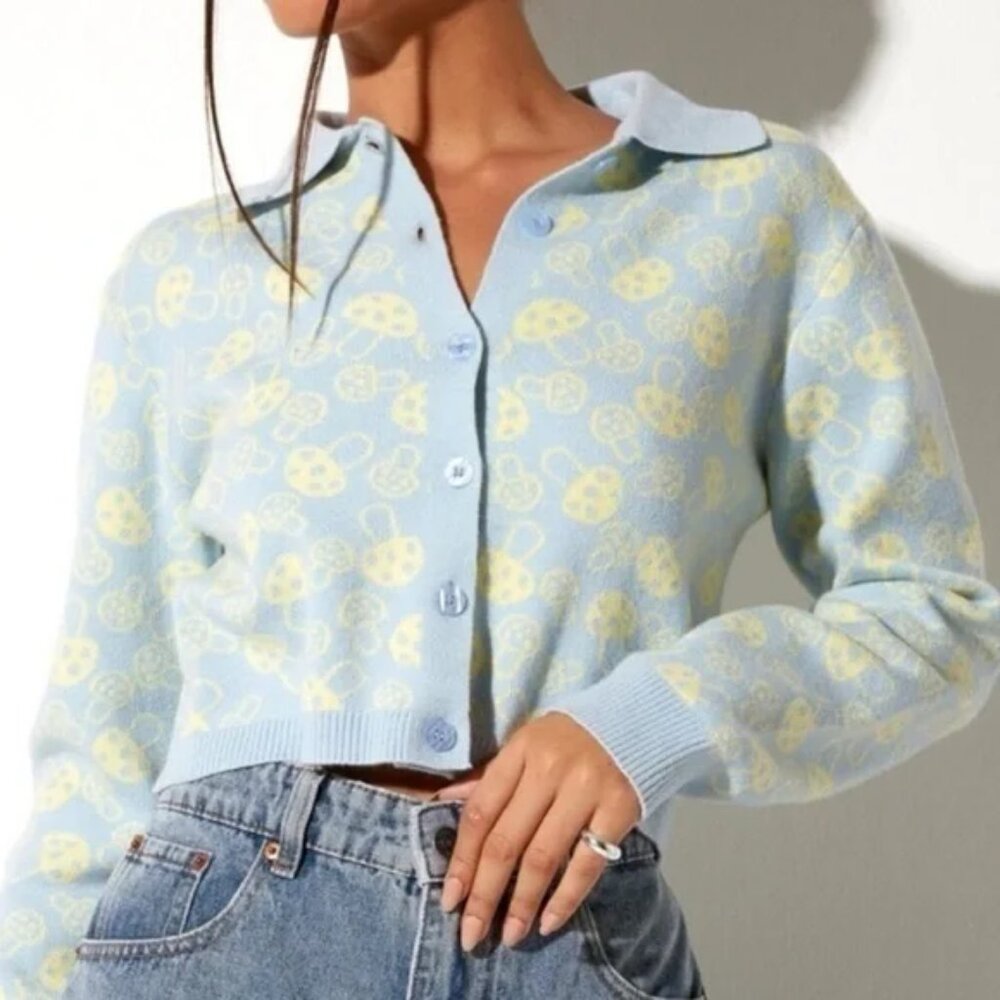 Motel Rocks‎ Casual Baby Shroom Button Up Cardigan Sweater Blue Yellow Medium